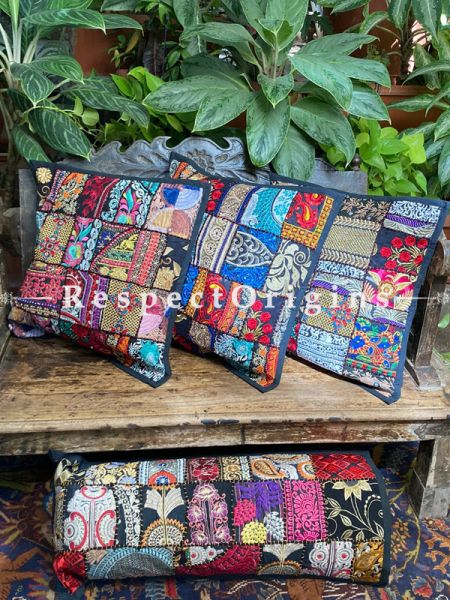 Kambadiya Embroidered Boho Throw n Lumbar Cushion cum Runner Gift Set; Black with colourful designs; RespectOrigins.com