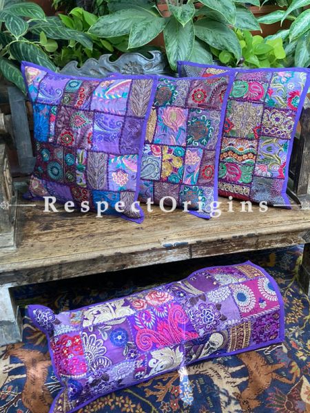 Kambadiya Embroidered Boho Throw n Lumbar Cushion cum Runner Gift Set; Purple; RespectOrigins.com