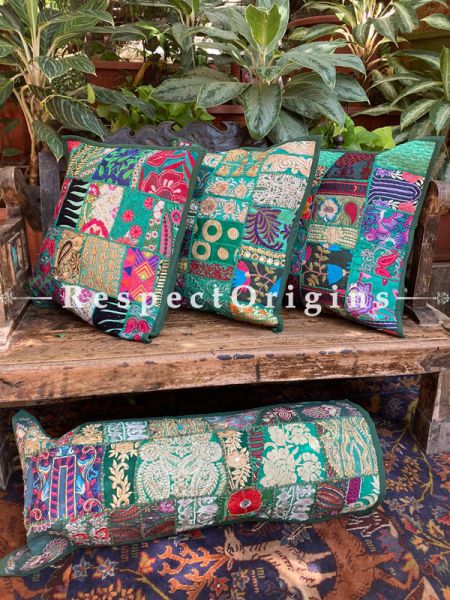 Kambadiya Embroidered Ethnic Throw n Lumbar Cushion cum Runner Gift Set;Seaweed Green; RespectOrigins.com