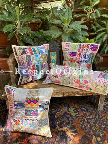 Kambadiya Embroidered Boho Throw n Lumbar Cushion cum Runner Gift Set; Cream Coloured; RespectOrigins.com
