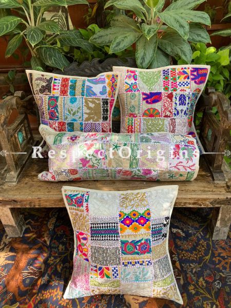 Kambadiya Embroidered Boho Throw n Lumbar Cushion cum Runner Gift Set; Cream Coloured; RespectOrigins.com