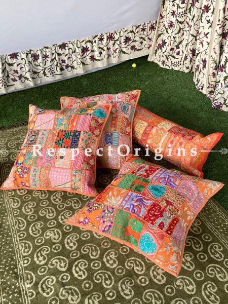 Kambadiya Embroidered Ethnic Throw n Floor Cushion cum Runner Gift Set; Orange; RespectOrigins.com