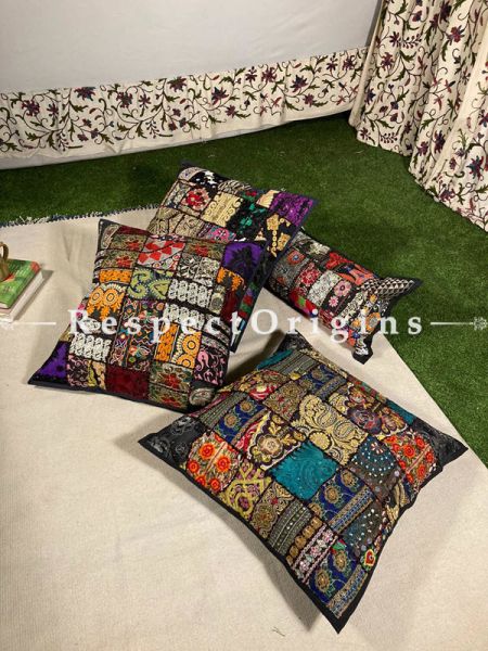 Kambadiya Embroidered Ethnic Throw n Floor Cushion cum Runner Gift Set; Black; RespectOrigins.com