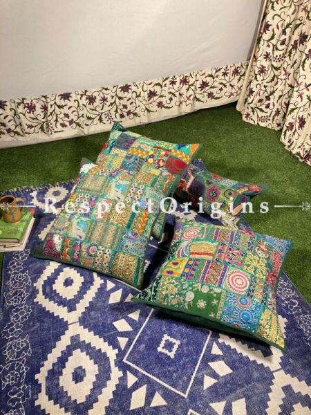 Kambadiya Embroidered Ethnic Throw n Floor Cushion cum Runner Gift Set; Green; RespectOrigins.com