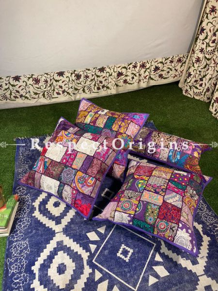 Kambadiya Embroidered Ethnic Throw n Floor Cushion cum Runner Gift Set; Violet; RespectOrigins.com