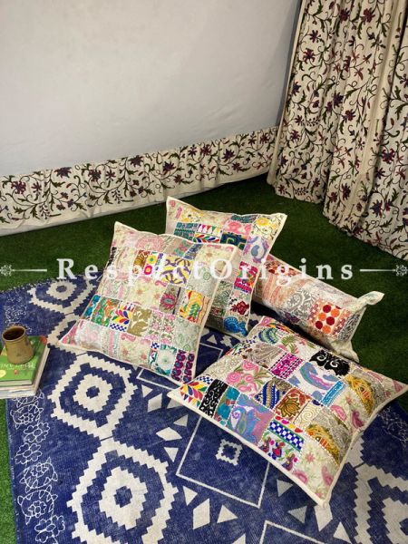 Kambadiya Embroidered Ethnic Throw n Floor Cushion cum Runner Gift Set; White; RespectOrigins.com