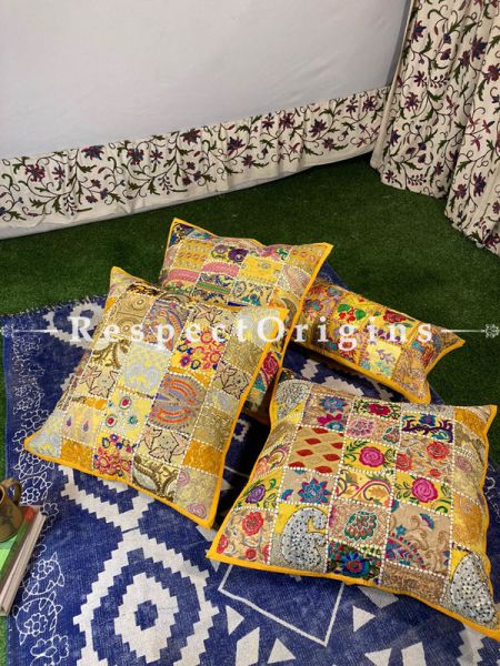 Kambadiya Embroidered Ethnic Throw n Floor Cushion cum Runner Gift Set; Yellow; RespectOrigins.com