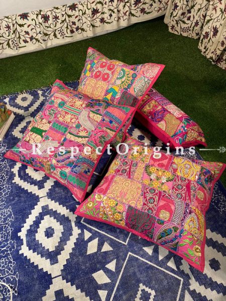 Kambadiya Embroidered Boho Throw n Floor Cushion cum Runner Gift Set; Pink; RespectOrigins.com