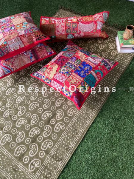 Kambadiya Embroidered Ethnic Throw n Floor Cushion cum Runner Gift Set; Red; RespectOrigins.com