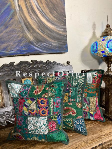 Kambadiya Embroidered Boho Throw n Lumbar Cushion cum Runner Gift Set; Dark Green ; RespectOrigins.com
