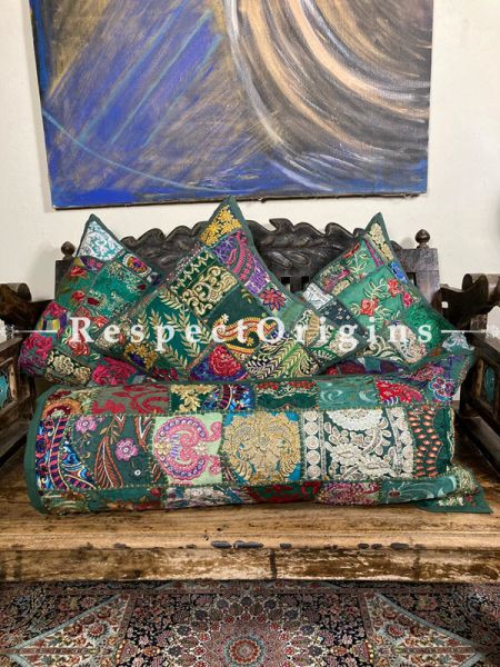 Kambadiya Embroidered Ethnic Throw n Lumbar Cushion cum Runner Gift Set; Dark Green; RespectOrigins.com