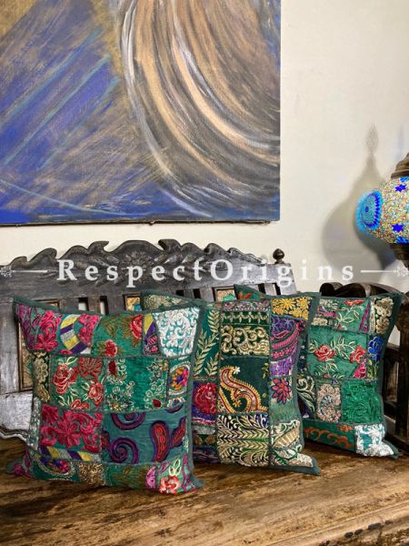 Kambadiya Embroidered Ethnic Throw n Lumbar Cushion cum Runner Gift Set; Dark Green; RespectOrigins.com