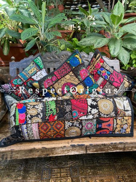 Kambadiya Embroidered Ethnic Throw n Lumbar Cushion cum Runner Gift Set; Black with white Borders; RespectOrigins.com