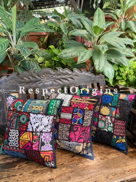 Kambadiya Embroidered Ethnic Throw n Lumbar Cushion cum Runner Gift Set; Black with white Borders; RespectOrigins.com