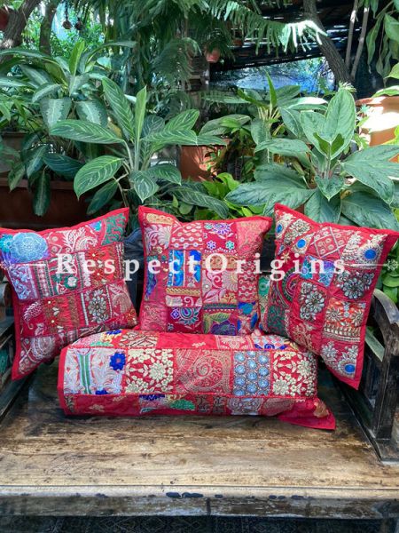 Kambadiya Embroidered Boho Throw n Lumbar Cushion cum Runner Gift Set; Pink; RespectOrigins.com