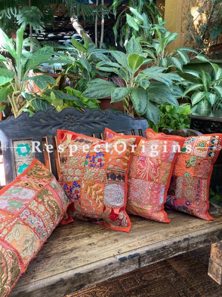 Kambadiya Embroidered Boho Throw n Lumbar Cushion cum Runner Gift Set; Orange with Peach Base; RespectOrigins.com