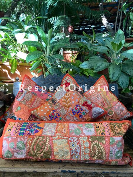Kambadiya Embroidered Boho Throw n Lumbar Cushion cum Runner Gift Set; Orange with Peach Base; RespectOrigins.com