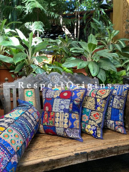 Kambadiya Embroidered Ethinic Throw n Lumbar Cushion cum Runner Gift Set; Sapphire Blue; RespectOrigins.com