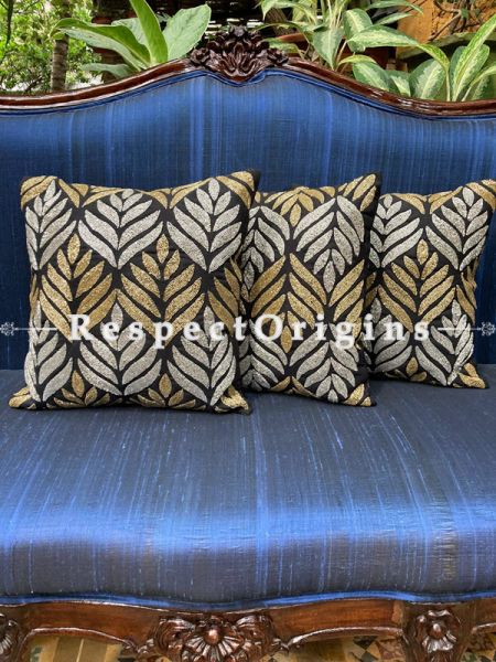 Hand Knitted & Embellished Silver & Golden Leaf Beadwork on Black Coloured Satin Silk Cushion Covers: Set of 3; RespectOrigins.com