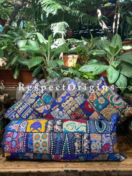 Kambadiya Embroidered Ethinic Throw n Lumbar Cushion cum Runner Gift Set; Sapphire Blue; RespectOrigins.com