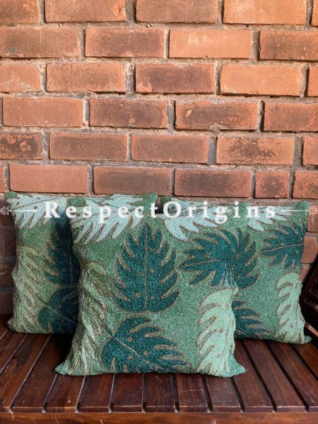 Hand Knitted & Embellished Green Leaf Beadwork on Bottle Green Coloured Satin Silk Cushion Covers: Set of 3; RespectOrigins.com