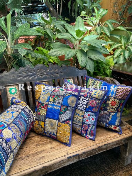 Kambadiya Embroidered Boho Throw n Lumbar Cushion cum Runner Gift Set; Sapphire Blue; RespectOrigins.com