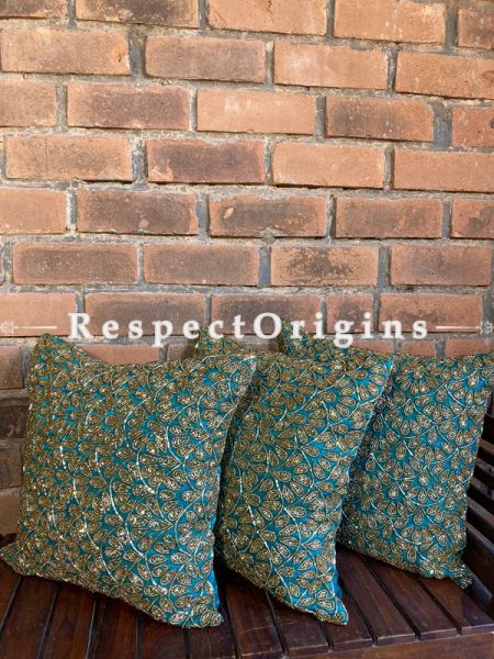Hand Knitted & Embellished Golden Beadwork on Bottle Blue Coloured Satin Silk Cushion Covers: Set of 3; RespectOrigins.com