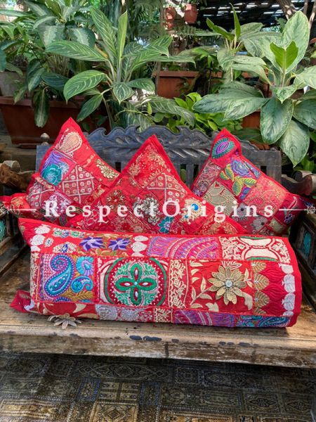 Kambadiya Embroidered Ethnic Throw n Lumbar Cushion cum Runner Gift Set; Pink; RespectOrigins.com