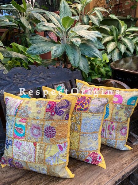 Kambadiya Embroidered Ethnic Throw n Lumbar Cushion cum Runner Gift Set; Yellow with multicoloured Embroidery; RespectOrigins.com