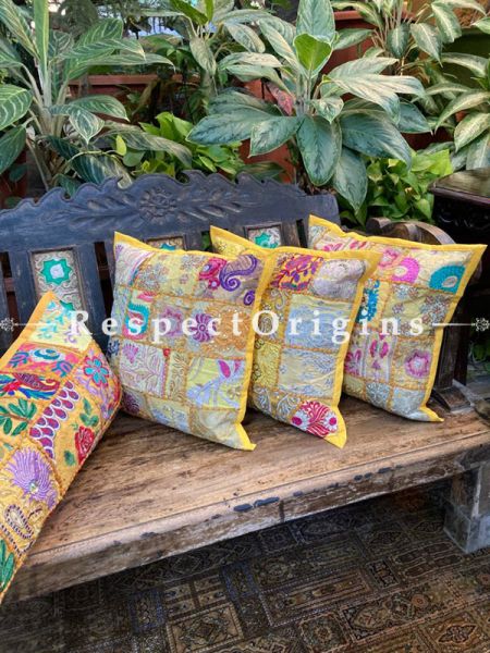 Kambadiya Embroidered Ethnic Throw n Lumbar Cushion cum Runner Gift Set; Yellow with multicoloured Embroidery; RespectOrigins.com