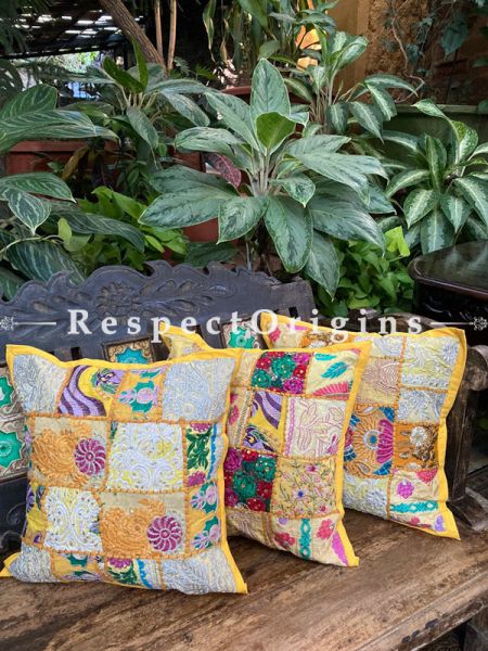 Kambadiya Embroidered Boho Throw n Lumbar Cushion cum Runner Gift Set; Yellow with Purple coloured Embroidery; RespectOrigins.com