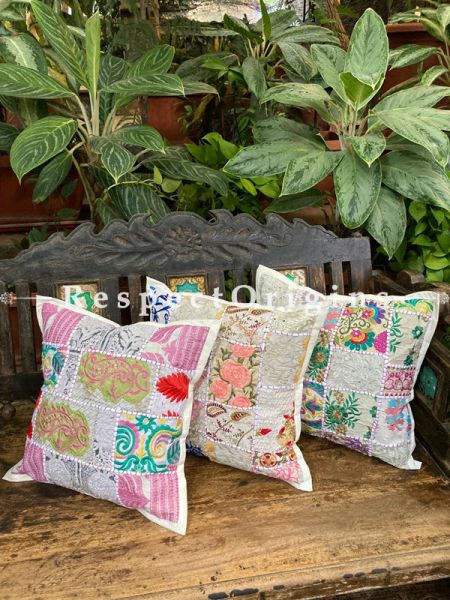 Kambadiya Flower Embroidered Boho Throw n Lumbar Cushion cum Runner Gift Set; White ; RespectOrigins.com