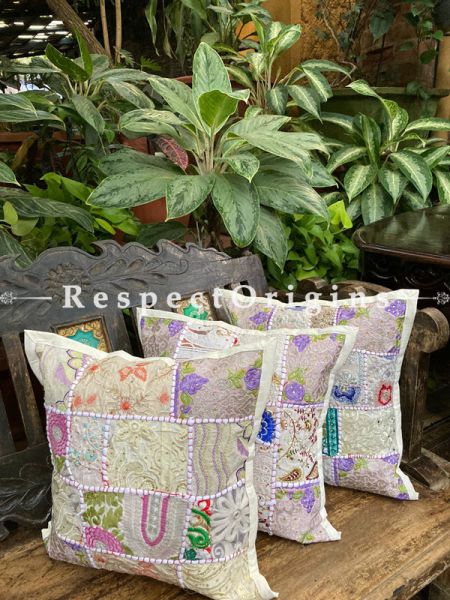 Kambadiya Leaf Embroidered Ethnic Throw n Lumbar Cushion cum Runner Gift Set; White ; RespectOrigins.com