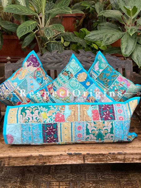 Kambadiya Embroidered Ethnic Throw n Lumbar Cushion cum Runner Gift Set; Electric Blue ; RespectOrigins.com