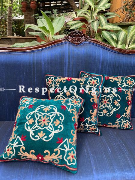 Luxurious Kashmiri Patchwork Embroidery in Contrasting Brushed Emerald Green Velvet Throw Accent Cushion Set of 3; RespectOrigins.com