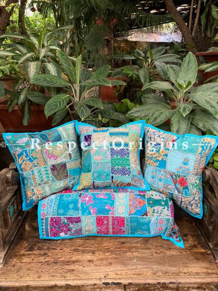 Kambadiya Embroidered Boho Throw n Lumbar Cushion cum Runner Gift Set; Electric Blue ; RespectOrigins.com