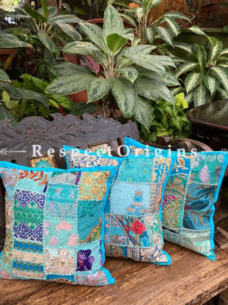 Kambadiya Embroidered Boho Throw n Lumbar Cushion cum Runner Gift Set; Electric Blue ; RespectOrigins.com