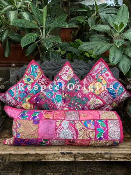 Kambadiya Embroidered Boho Throw n Lumbar Cushion cum Runner Gift Set; Megenta; RespectOrigins.com