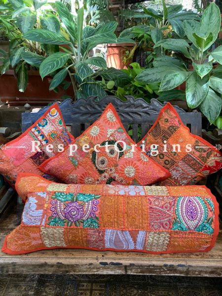 Kambadiya Embroidered Ethnic Throw n Lumbar Cushion cum Runner Gift Set; Orange; RespectOrigins.com