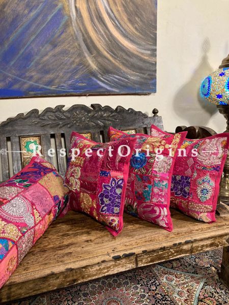 Kambadiya Embroidered Ethnic Throw n Lumbar Cushion cum Runner Gift Set; Megenta; RespectOrigins.com