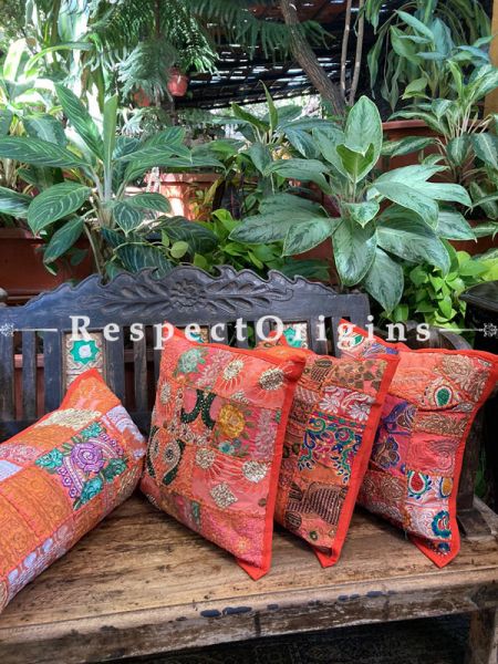 Kambadiya Embroidered Ethnic Throw n Lumbar Cushion cum Runner Gift Set; Orange; RespectOrigins.com
