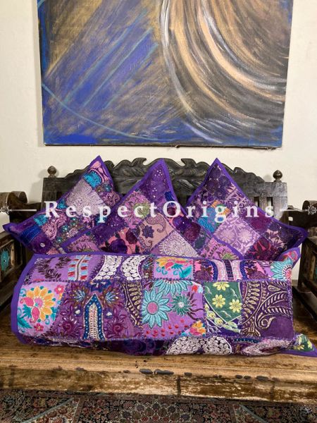 Kambadiya Embroidered Ethnic Throw n Lumbar Cushion cum Runner Gift Set; Violet; RespectOrigins.com