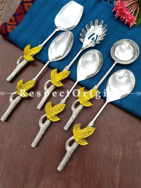 Stainless Steel Spoon Leaf Design Tones Brass Finish Handle Serving Spoon Set (Pack of 6 Pcs)