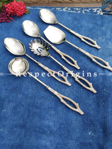 Set of 6 Designer Stainless Steel Spoon Brass Finish Handle Serving Spoon Set