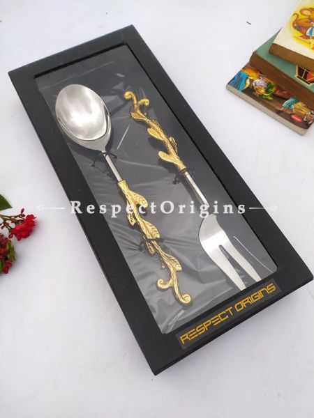 Festive Salad, Pie or Roast Serving Spoon Folk Set; Handcrafted Brass n Gold Coated Handles; Holiday Dining; 12 inches ; RespectOrigins.com