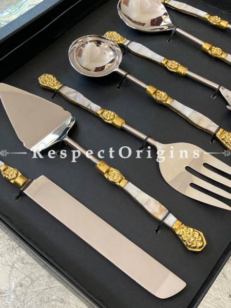 Classic and Sleek Set of 7 Serving Cutlery Set in Vintage Design; Includes Serving Spoon, Knife, Cake Server and Spaghetti Server; Size-12 Inches; RespectOrigins.com