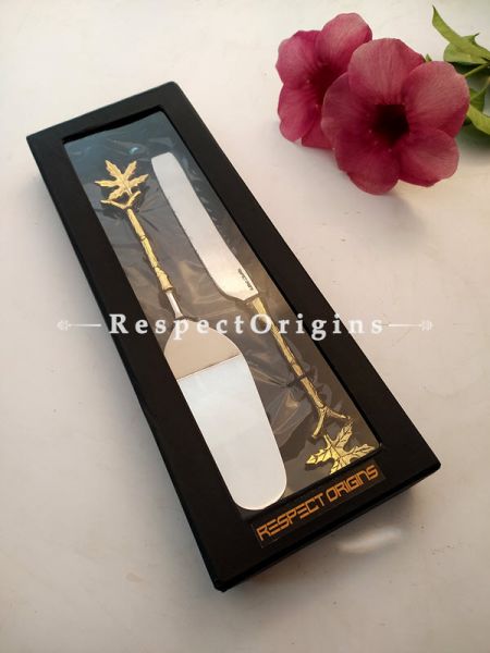 Designer Handcrafted Steel Serveware Set with Metallic Earthy Handles for Dining ; Cake Server and Knife ; 12 Inches ; RespectOrigins.com