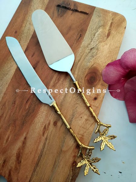 Designer Handcrafted Steel Serveware Set with Metallic Earthy Handles for Dining ; Cake Server and Knife ; 12 Inches ; RespectOrigins.com