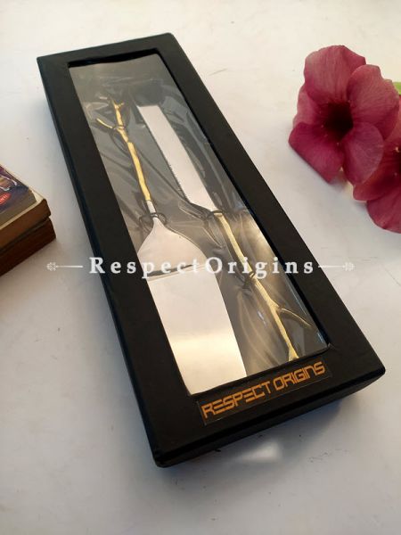 Designer Handcrafted Steel Serveware Set with Gold Coated Handles for Dining ; Cake Server and Knife ; 12 Inches ; RespectOrigins.com