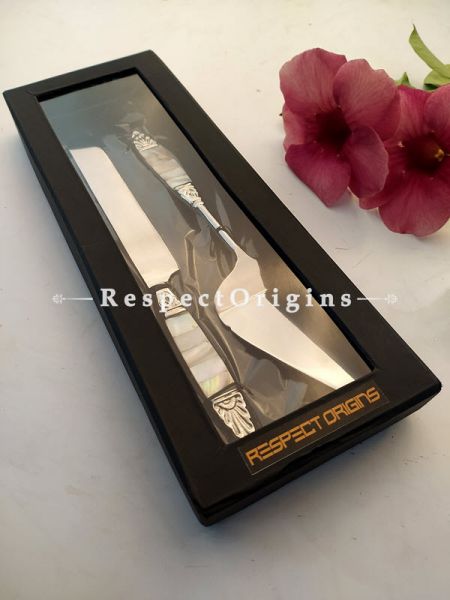 Handcrafted Cake Serving Set with Mother of Pearl Inlay on engraved Stainless Steel ; 12 Inches; RespectOrigins.com